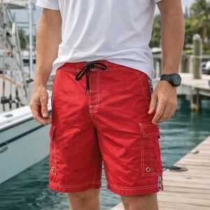 Pelagic Black Fin Board Shorts Red Cargo Swim Trunks Men's 38 Fishing Beach